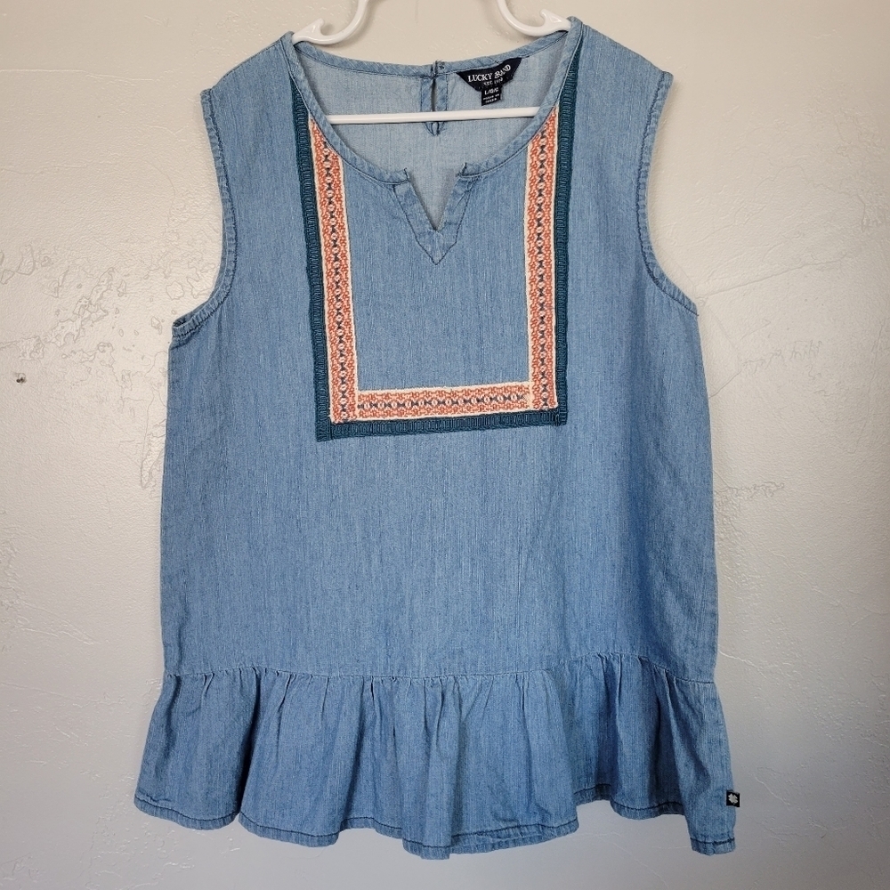 Lucky Brand Girls Large Chambray Denim Shirt Sleeveless Tank Top Ruffle Hem